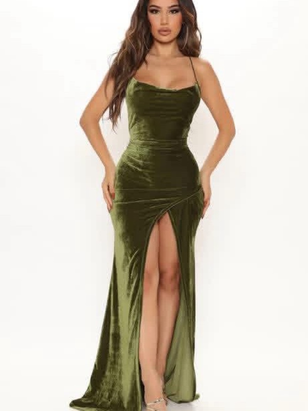 Fashion Nova Olive Green Velvet Backless Cowl Gown